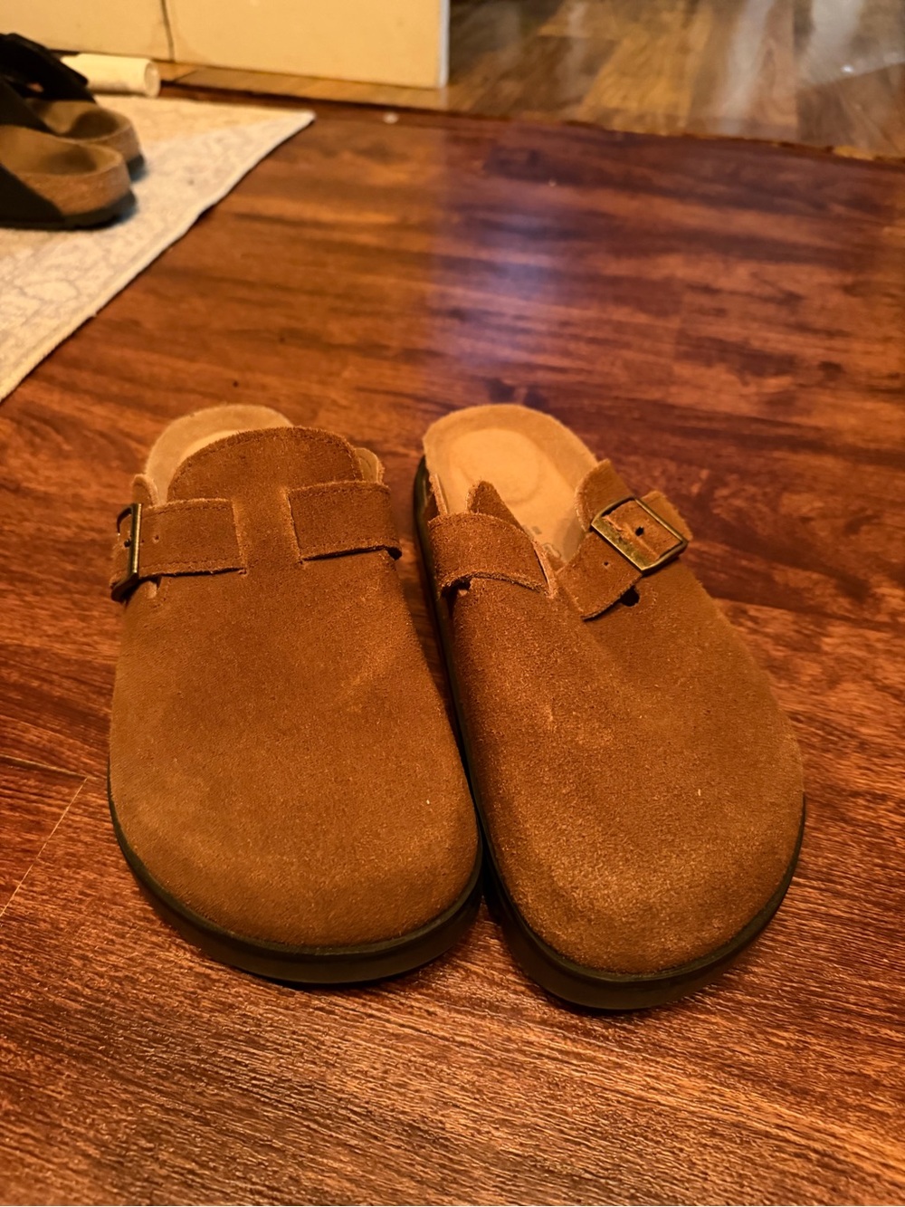 Women's Suede Slip-On Clogs with Buckle in Chestnut Brown